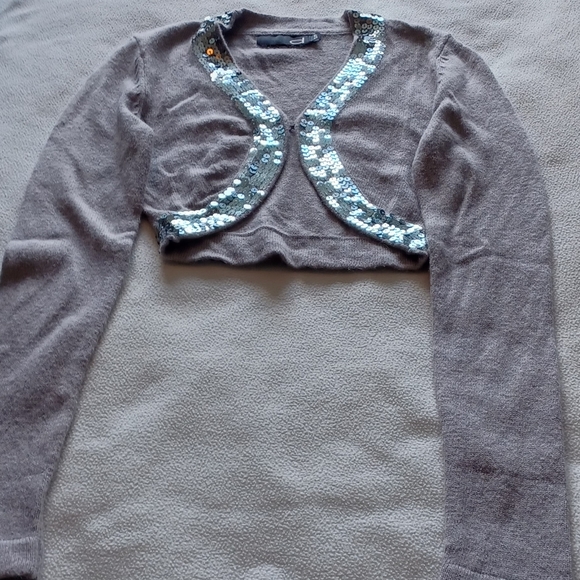 Gray long-sleeve wool-blend shrug with sequins trim - Picture 1 of 3